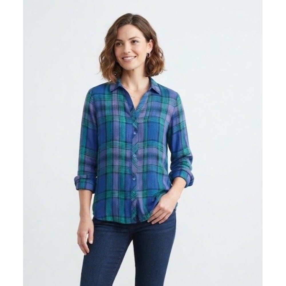 Fashion Bug Womens XL Blue Green Plaid 7 Button Shirt Long Sleeves Collared